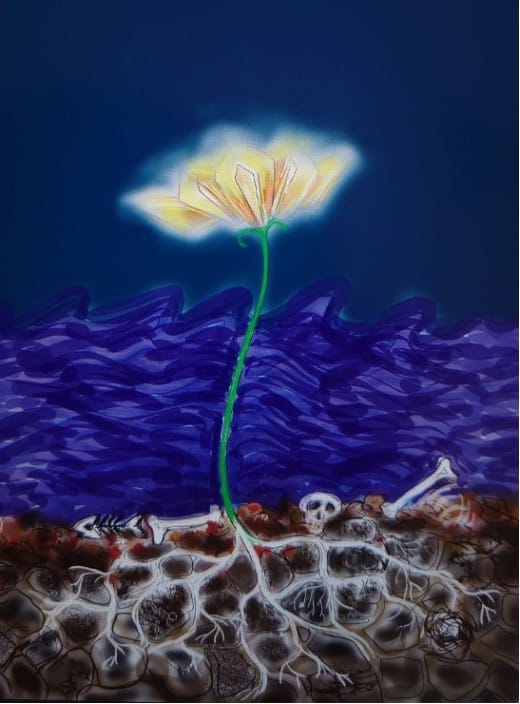 A painting of a glowing yellow flower whose roots are shown to be growing among dirt and bones, on a dark blue background.
