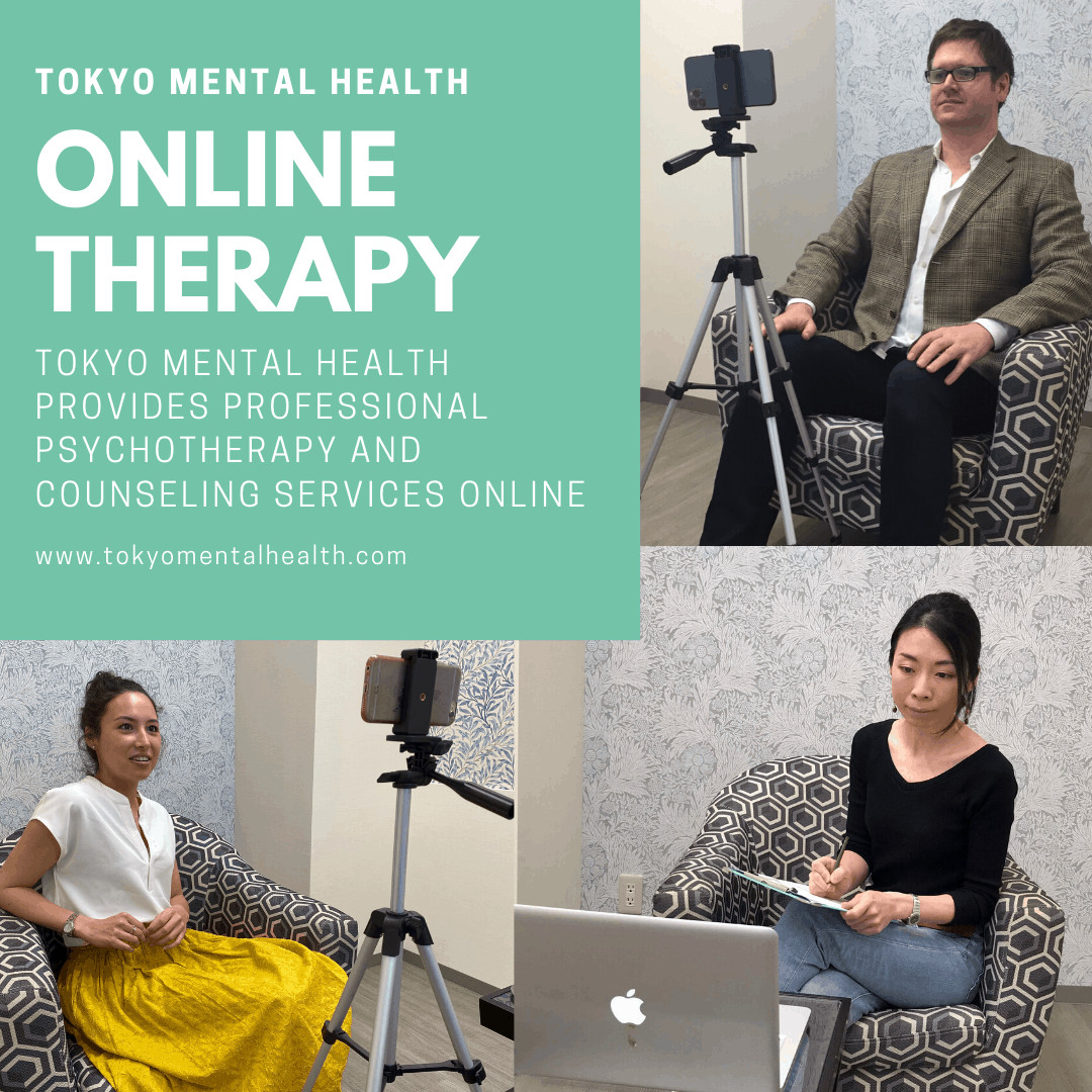 Tokyo Mental Health online therapy poster that says "Online therapy: TMH provides professional psychotherapy and counseling services online."